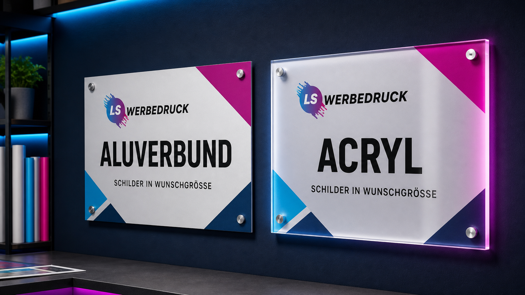 LS Werbedruck Materialvergleich mit Aluverbund- und Acrylschild